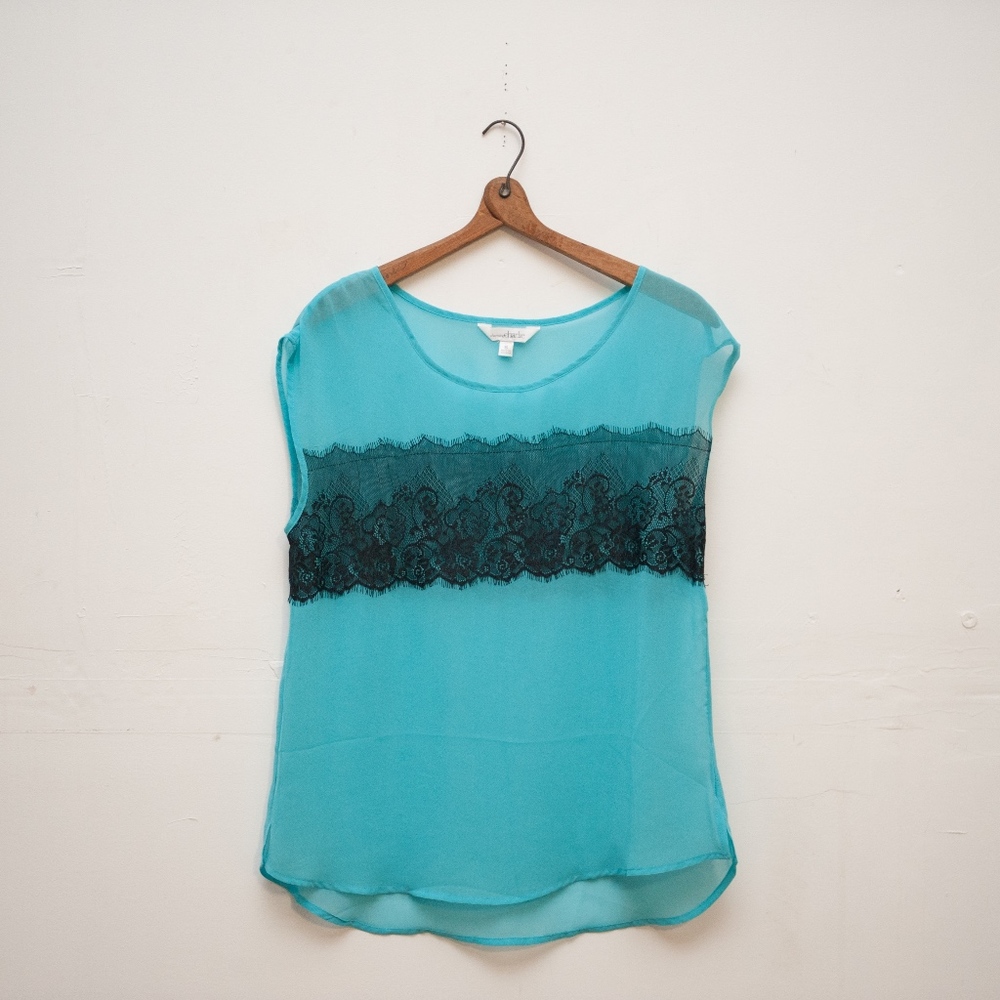 Silky Sheer Turquoise 2000s y2k Top with Black Lace